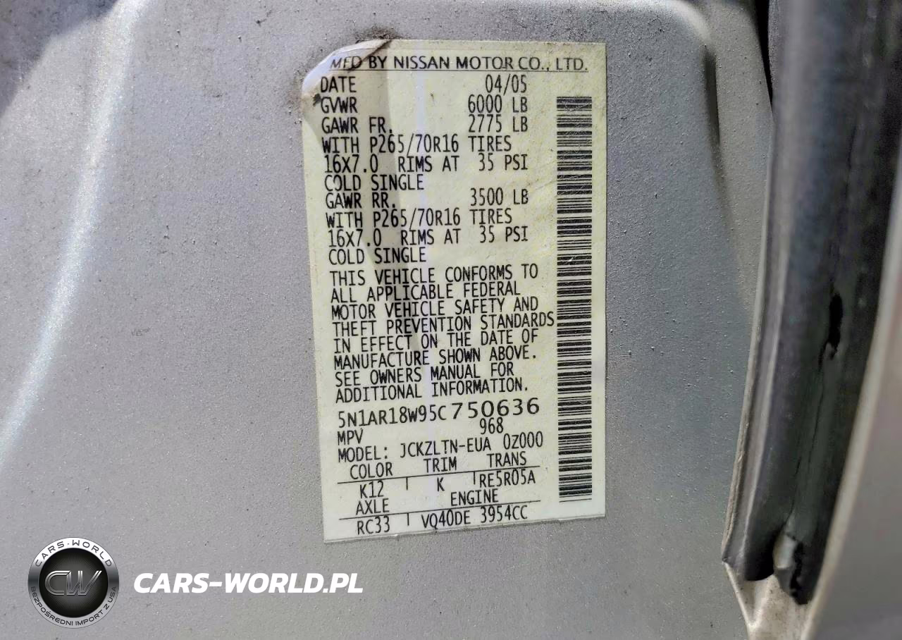 2005 Nissan Pathfinder Xe VIN:5N1AR18W95C750636 - 13