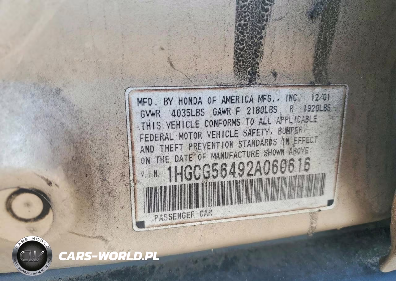 2002 Honda Accord Lx VIN:1HGCG56492A060616 - 12