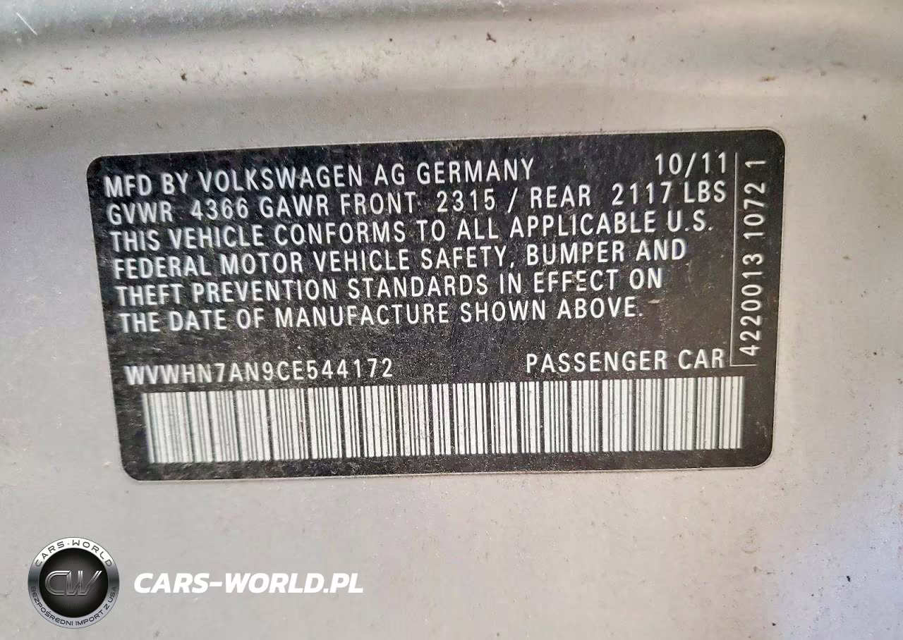 2012 Volkswagen Cc Luxury VIN:WVWHN7AN9CE544172 - 12