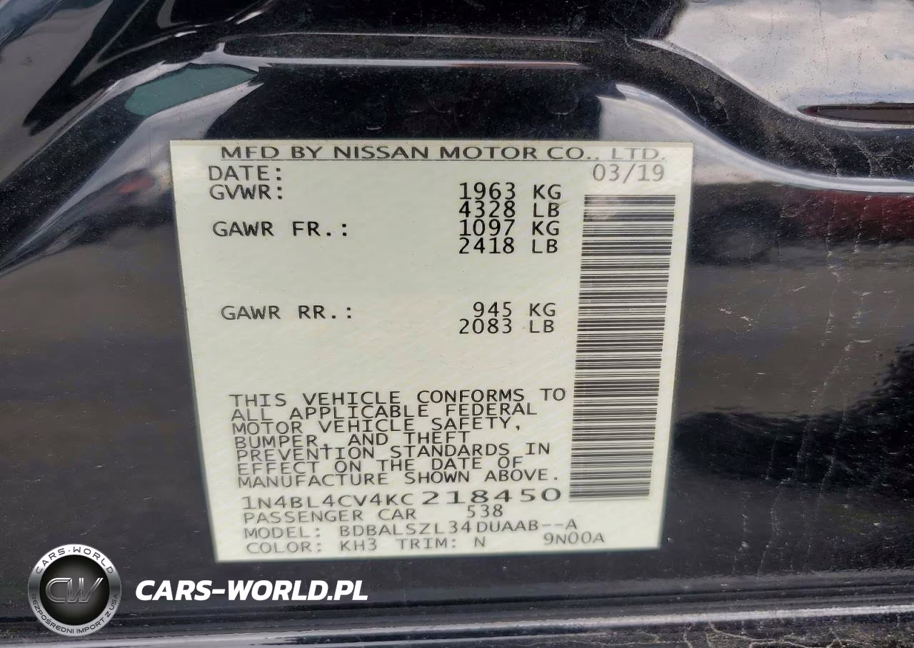 2019 Nissan Altima Sr VIN:1N4BL4CV4KC218450 - 12