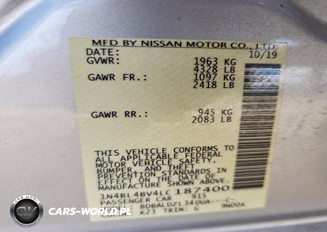 2020 Nissan Altima S VIN:1N4BL4BV4LC187400 - 12