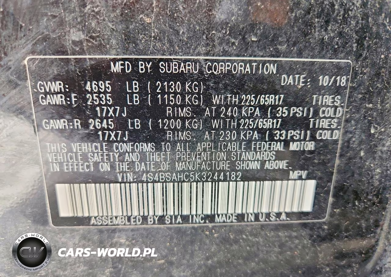 2019 Subaru Outback 2.5I Premium VIN:4S4BSAHC5K3244182 - 12