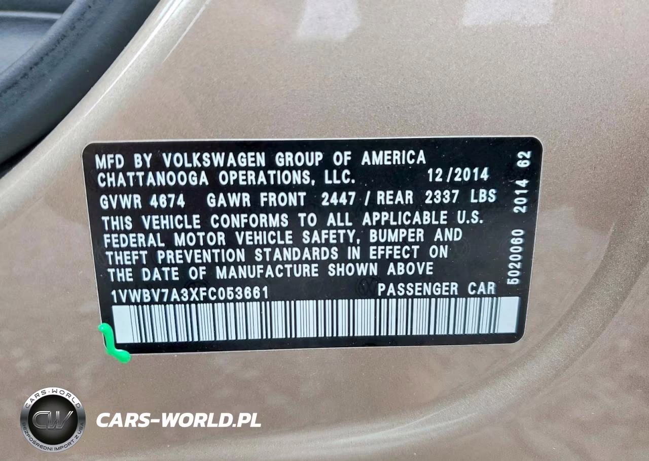 2015 Volkswagen Passat Se VIN:1VWBV7A3XFC053661 - 12