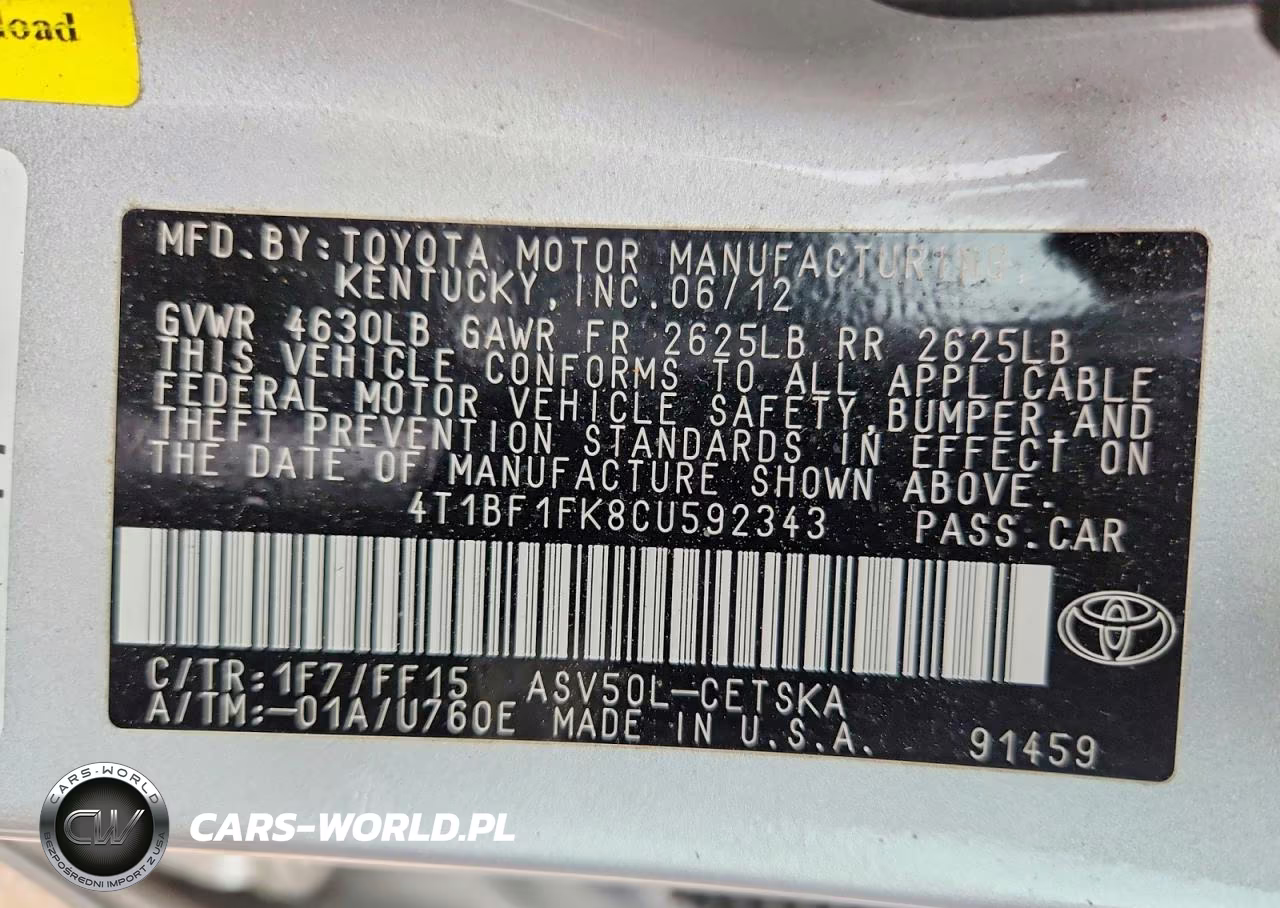 2012 Toyota Camry Se VIN:4T1BF1FK8CU592343 - 12