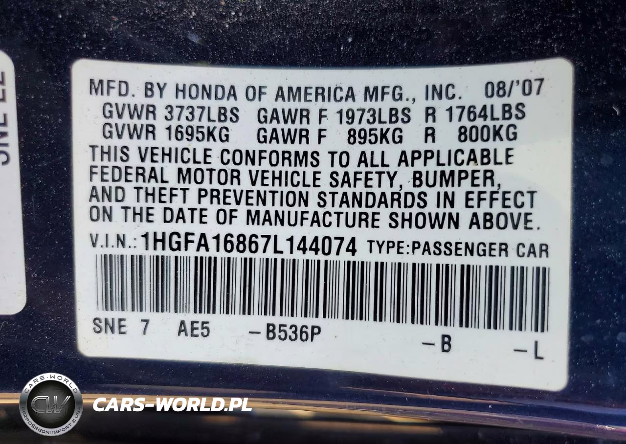 2007 Honda Civic Ex VIN:1HGFA16867L144074 - 13