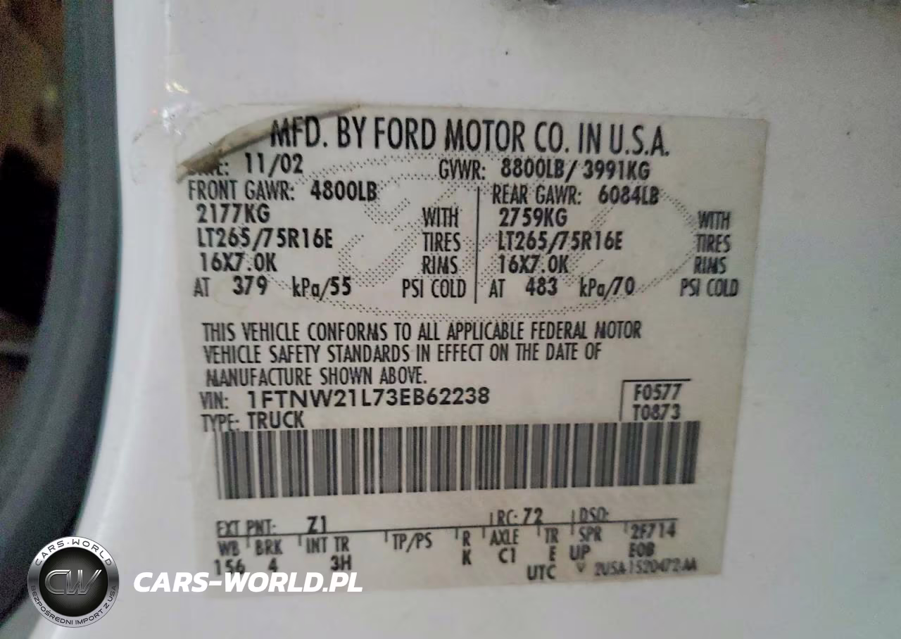 2003 Ford F250 Super Duty VIN:1FTNW21L73EB62238 - 12