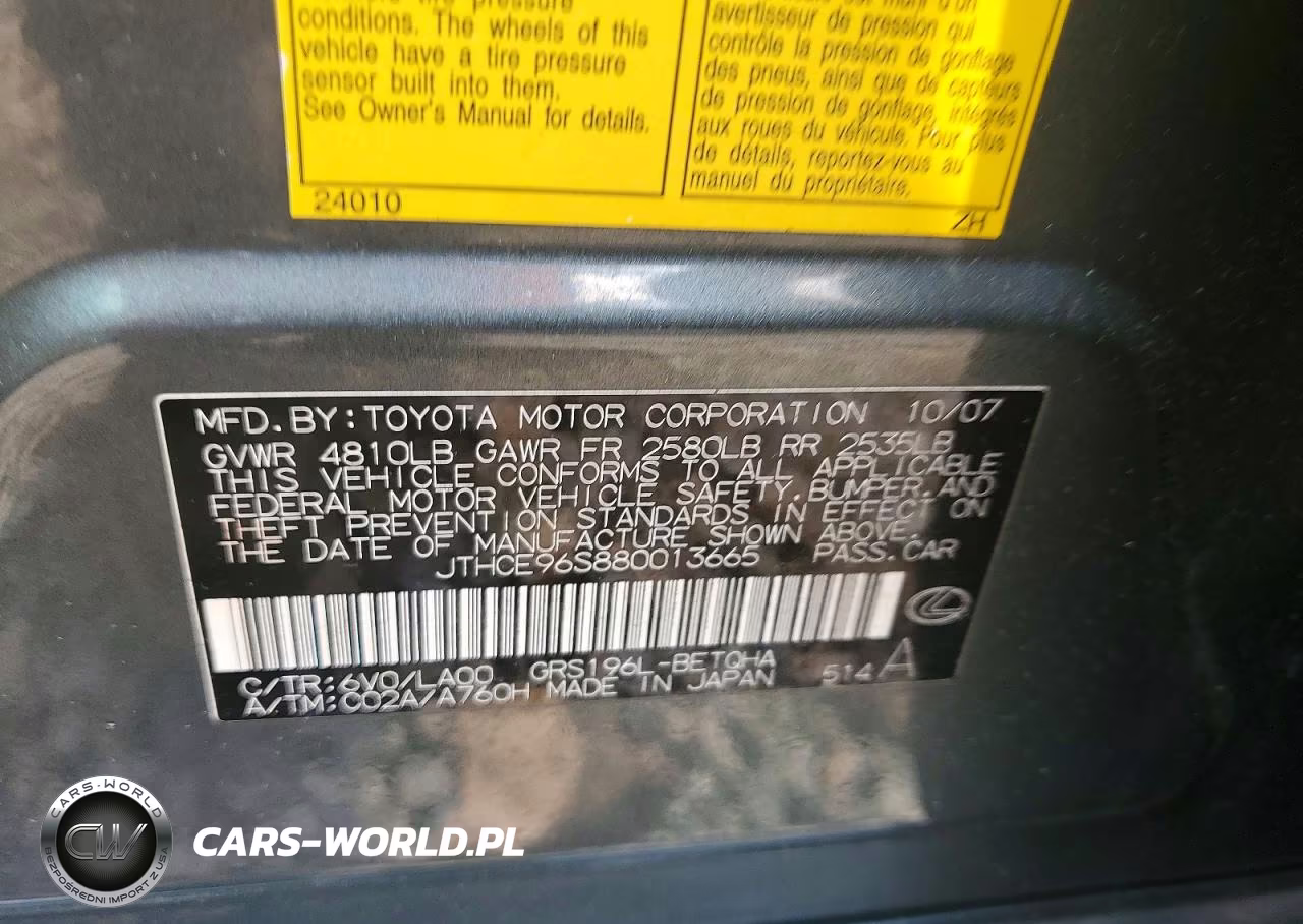 2008 Lexus Gs 350 VIN:JTHCE96S880013665 - 12