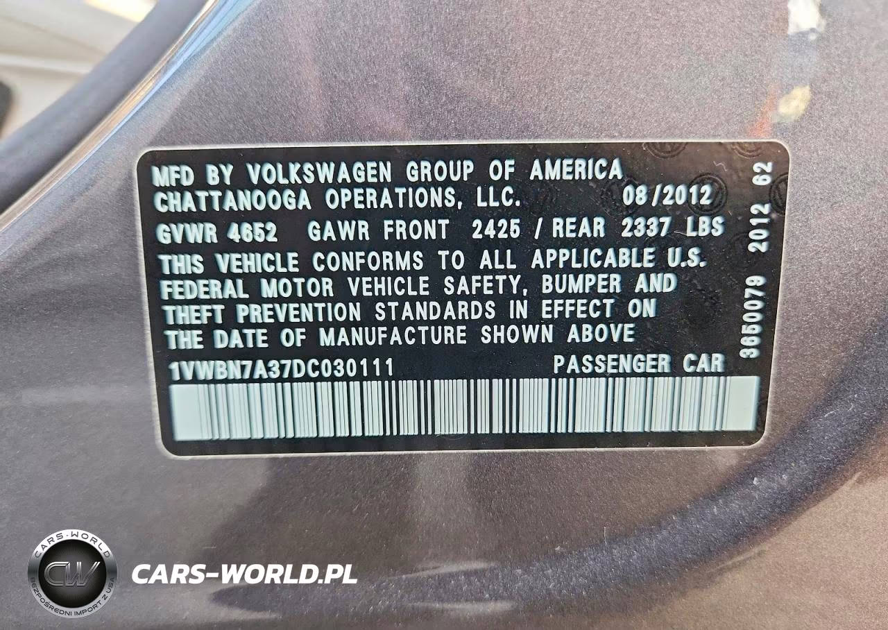 2013 Volkswagen Passat Se VIN:1VWBN7A37DC030111 - 12