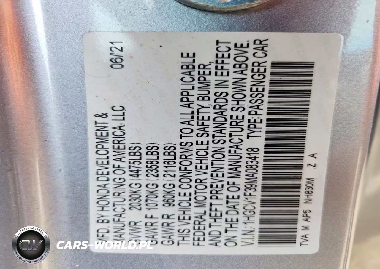 2021 Honda Accord Sport VIN:1HGCV1F39MA083418 - 13