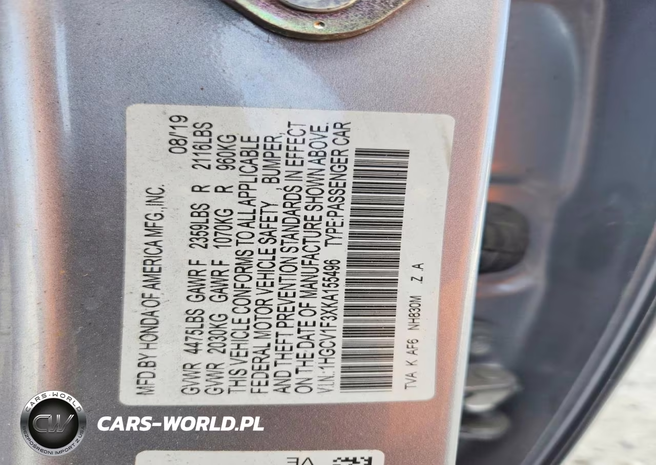 2019 Honda Accord Sport VIN:1HGCV1F3XKA155496 - 12