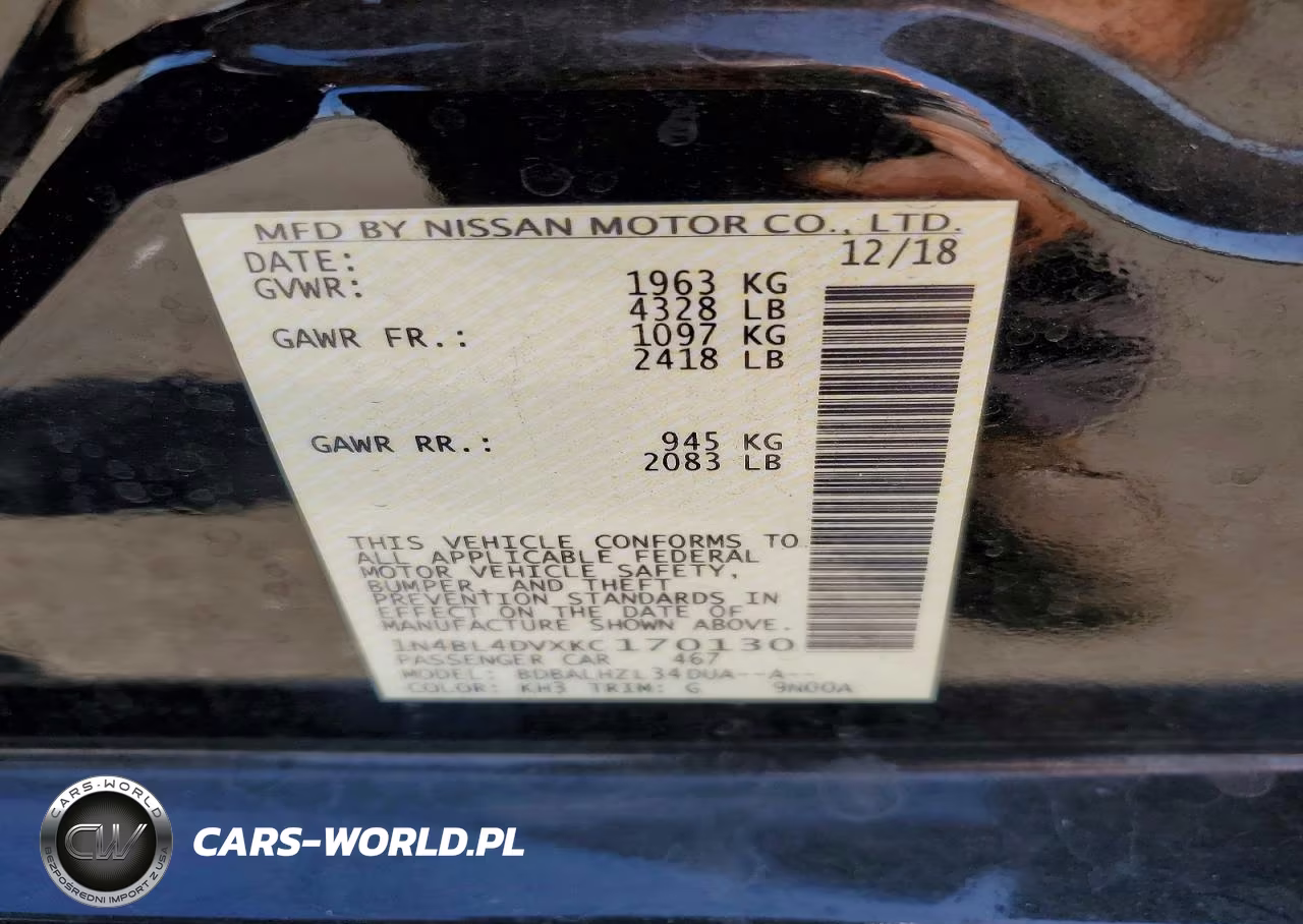 2019 Nissan Altima Sv VIN:1N4BL4DVXKC170130 - 12