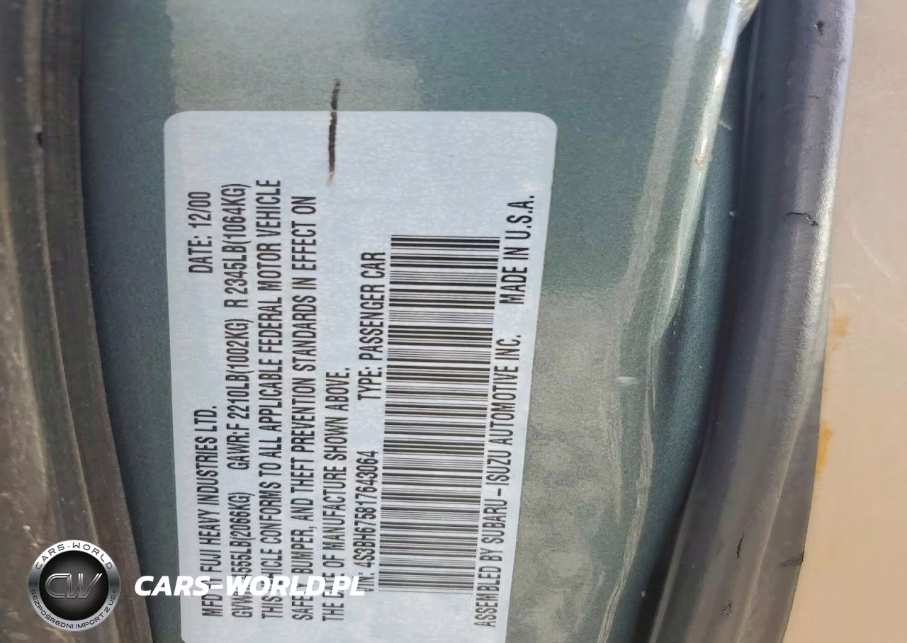 2001 Subaru Legacy Outback Awp VIN:4S3BH675817643064 - 12