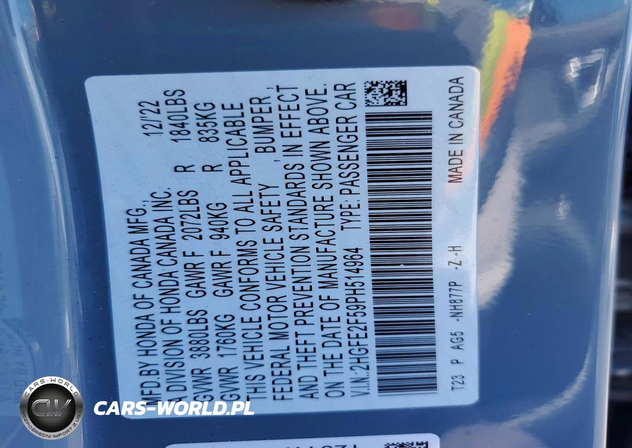 2023 Honda Civic Sport VIN:2HGFE2F59PH514964 - 12