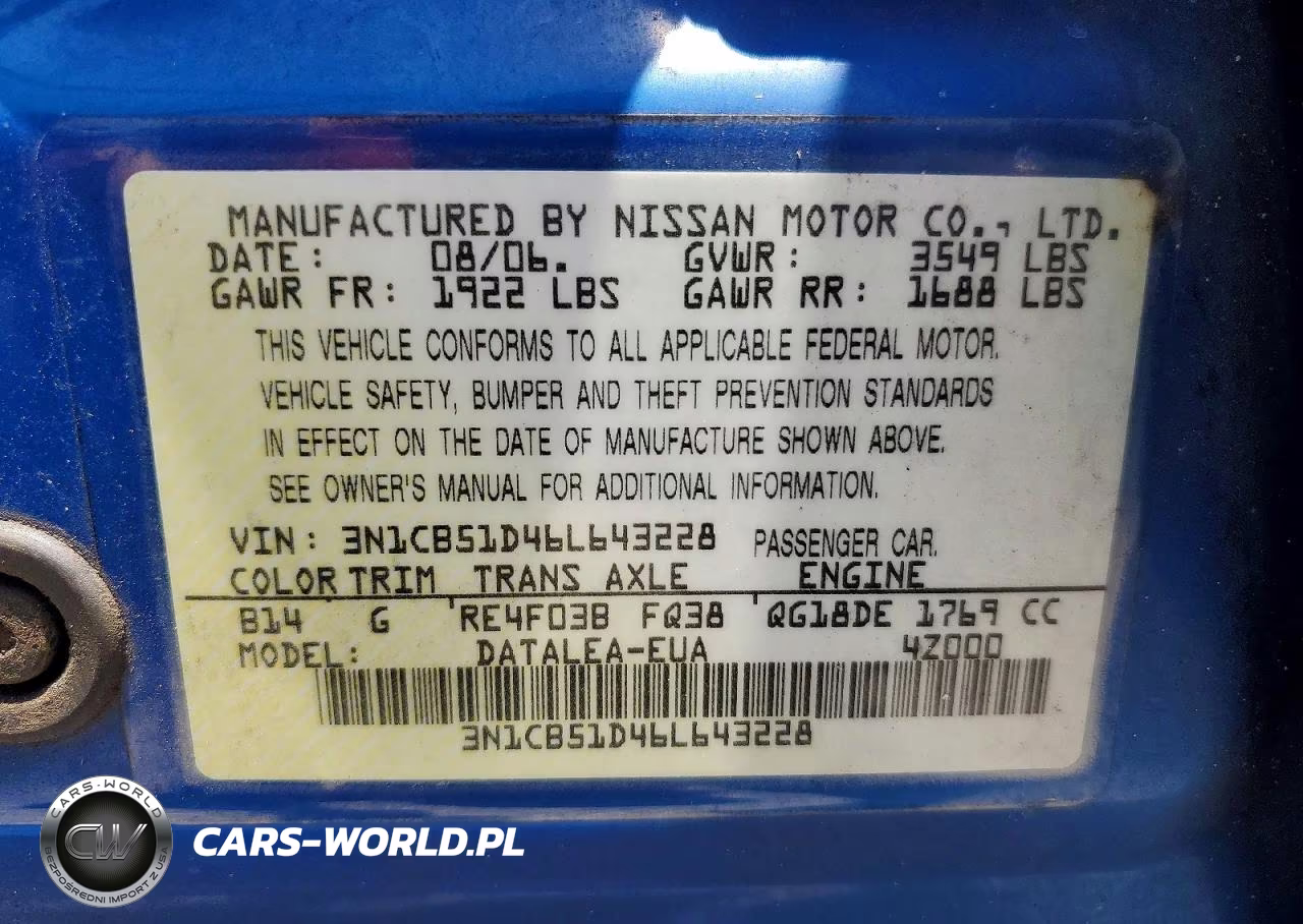 2006 Nissan Sentra 1.8 VIN:3N1CB51D46L643228 - 12