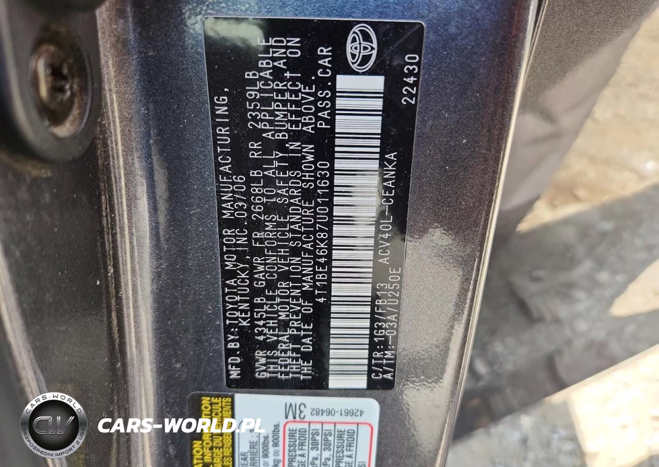 2007 Toyota Camry VIN:4T1BE46K87U011630 - 12