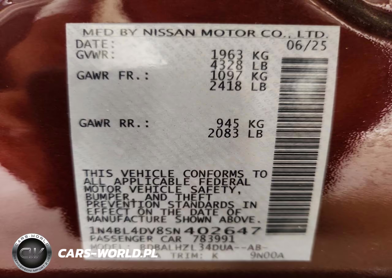 2025 Nissan Altima Sv VIN:1N4BL4DV8SN402647 - 12