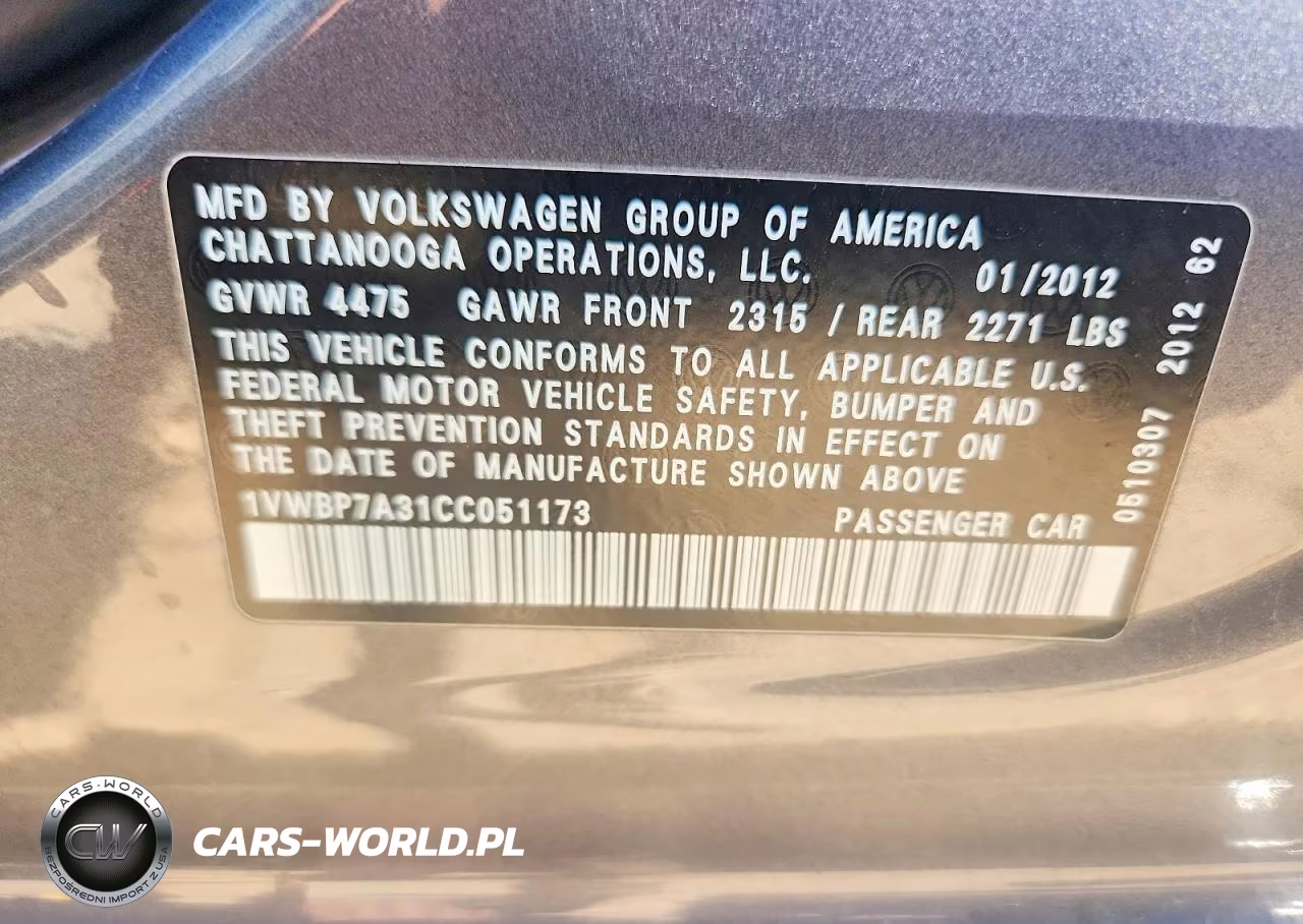 2012 Volkswagen Passat Se VIN:1VWBP7A31CC051173 - 12
