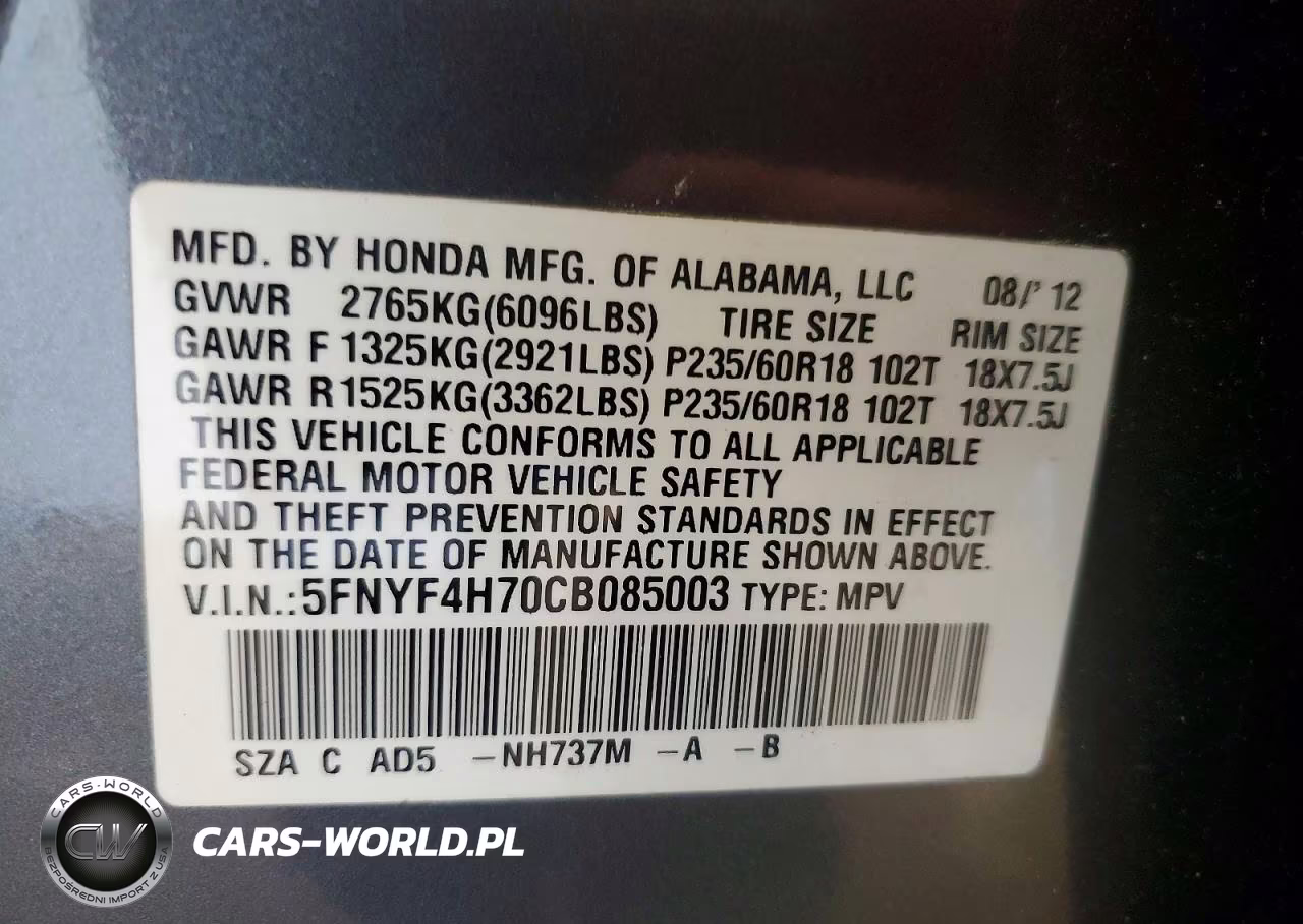 2012 Honda Pilot Ex-L VIN:5FNYF4H70CB085003 - 13
