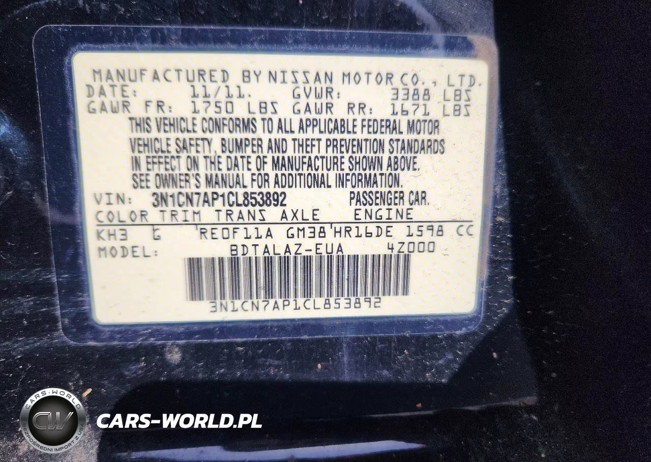 2012 Nissan Versa 1.6 S VIN:3N1CN7AP1CL853892 - 12