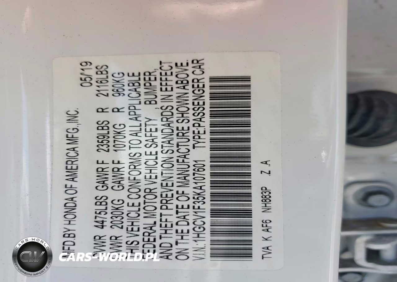 2019 Honda Accord Sport VIN:1HGCV1F35KA107601 - 12