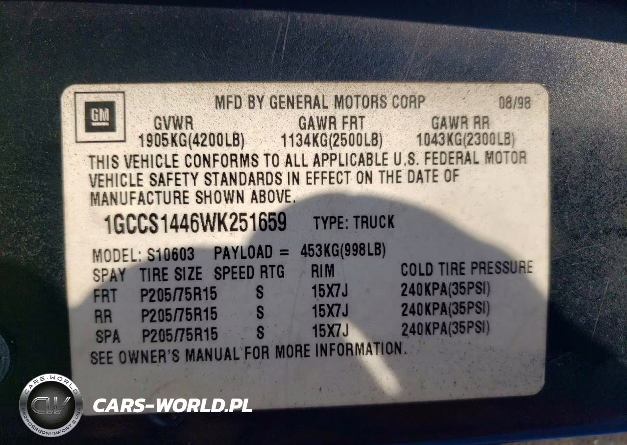 1998 Chevrolet S Truck S10 VIN:1GCCS1446WK251659 - 12