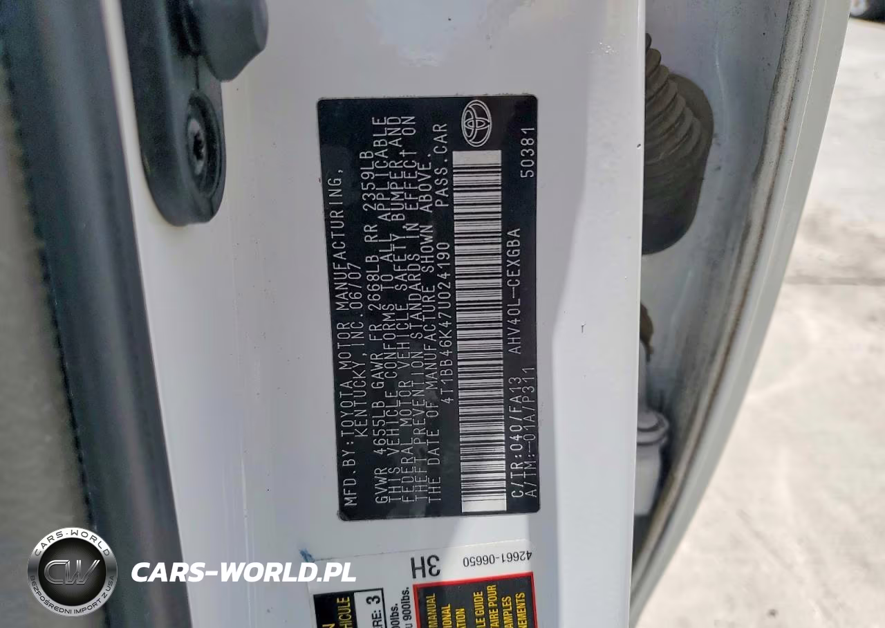 2007 Toyota Camry Hybrid Base VIN:4T1BB46K47U024190 - 12