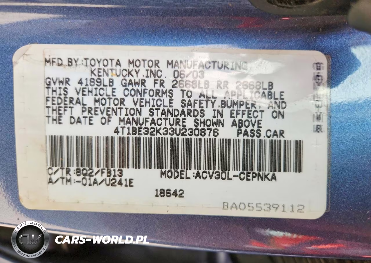 2003 Toyota Camry Le VIN:4T1BE32K33U230876 - 12