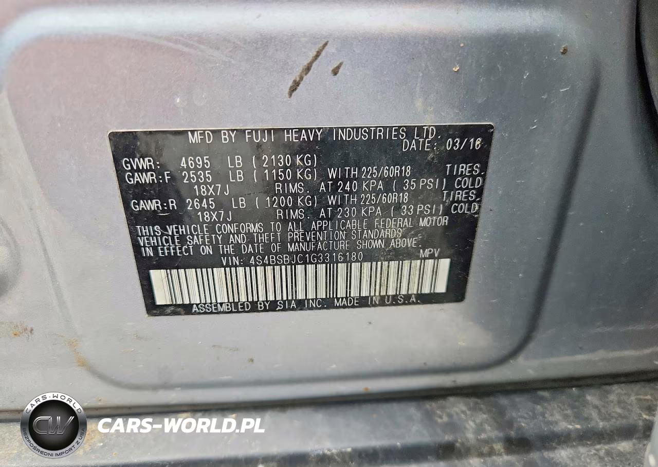 2016 Subaru Outback 2.5I Limited VIN:4S4BSBJC1G3316180 - 13