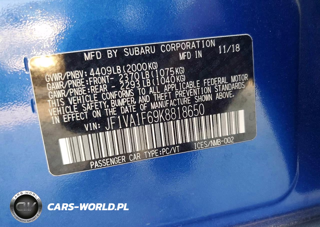 2019 Subaru Wrx Premium VIN:JF1VA1F69K8818650 - 12