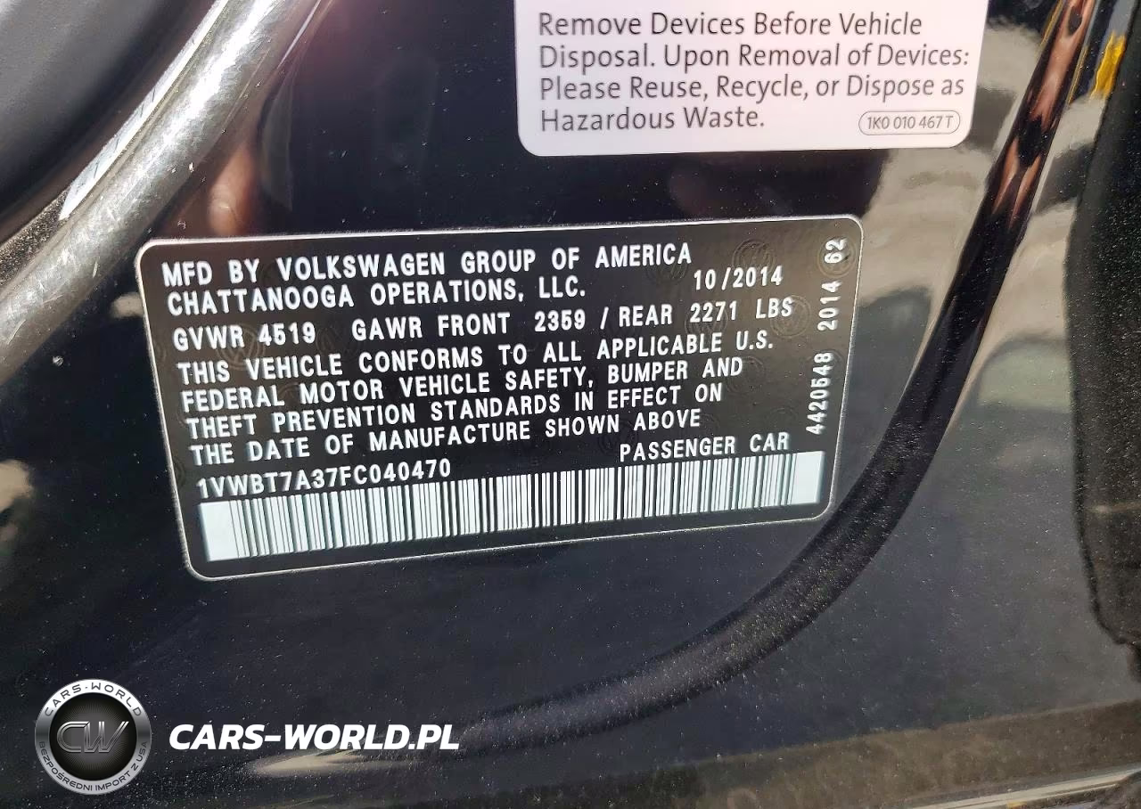 2015 Volkswagen Passat Se VIN:1VWBT7A37FC040470 - 12