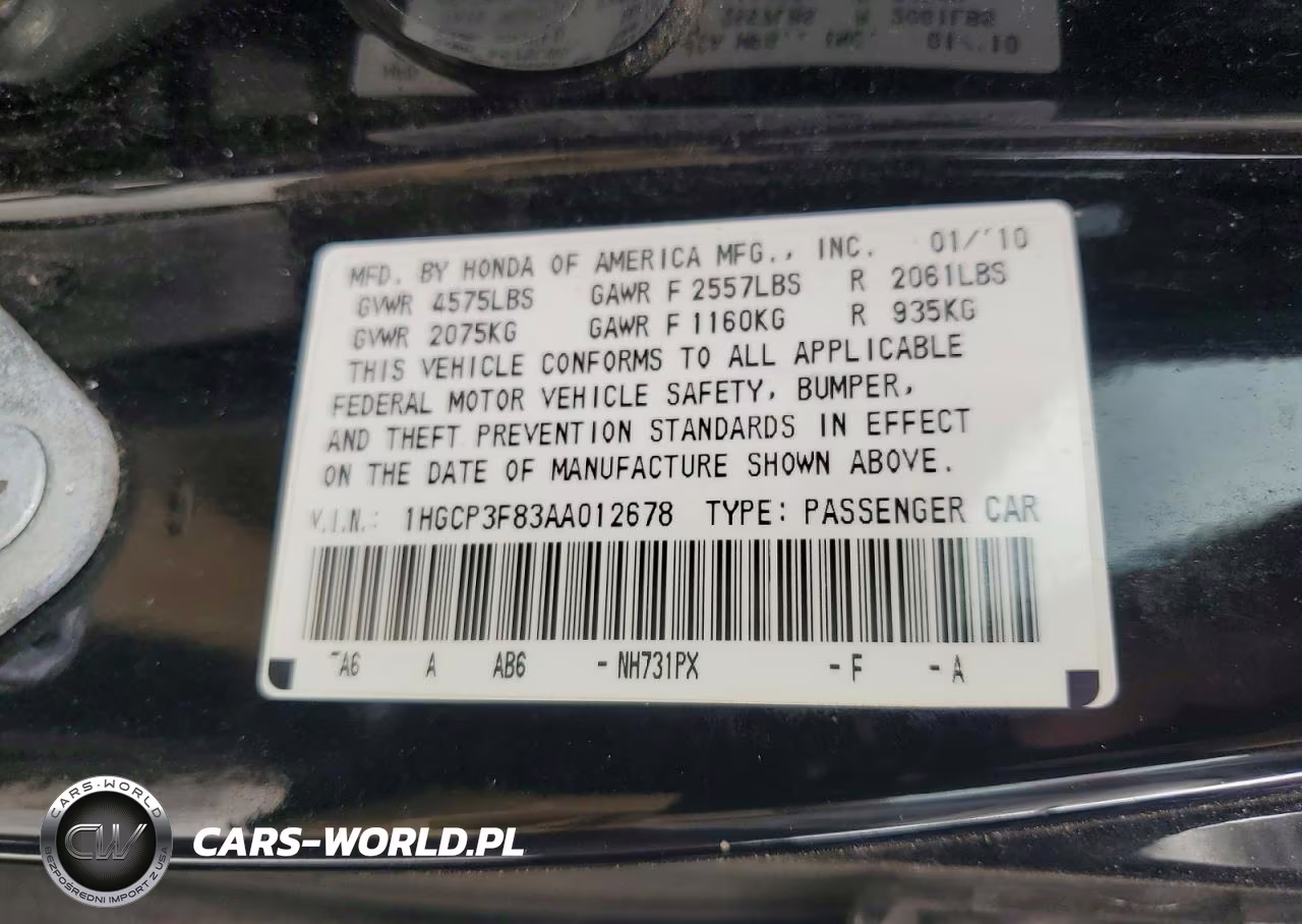 2010 Honda Accord Exl VIN:1HGCP3F83AA012678 - 12