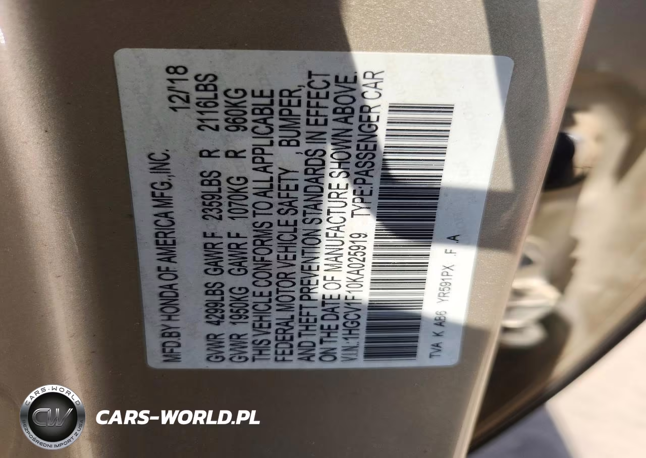 2019 Honda Accord Lx VIN:1HGCV1F10KA025919 - 12