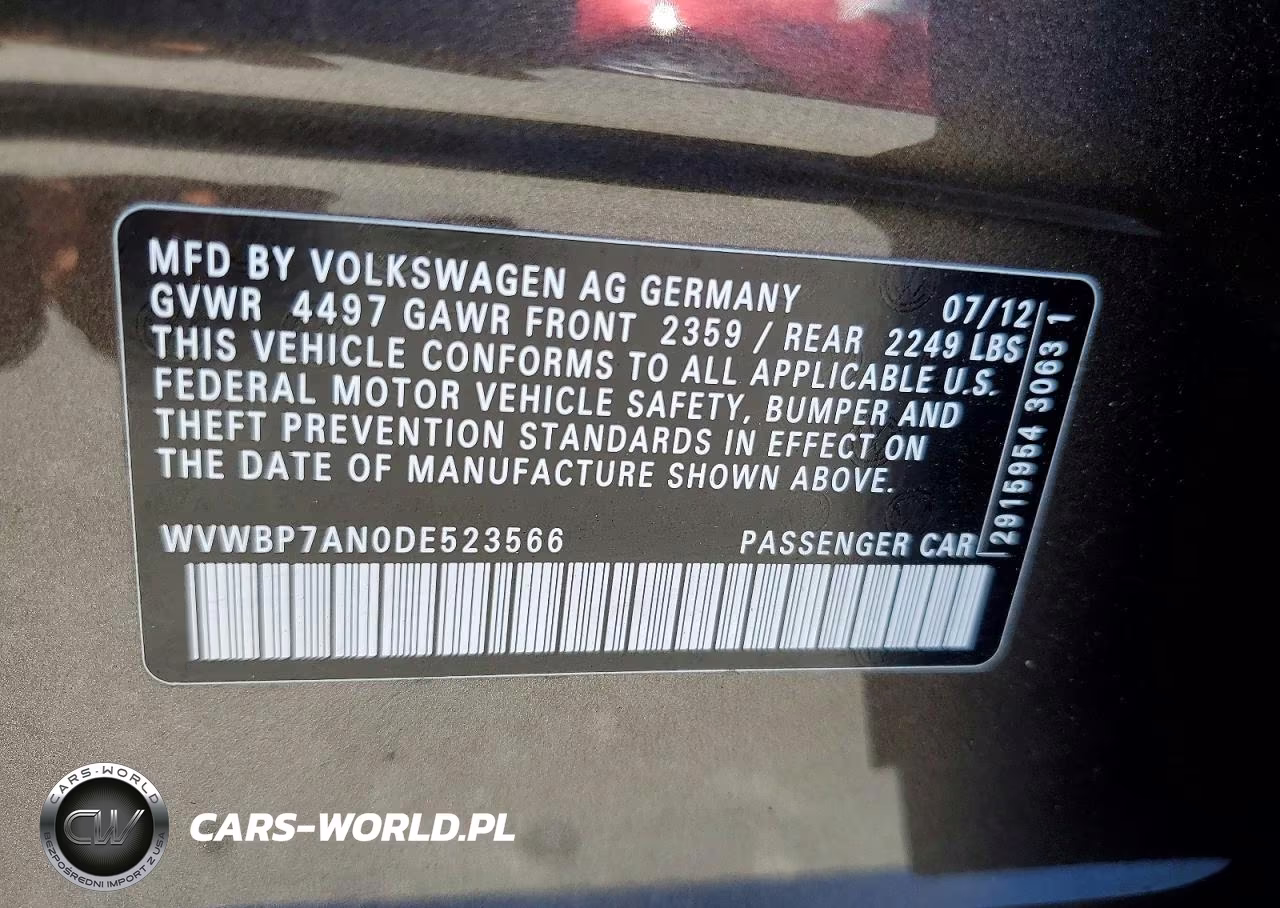 2013 Volkswagen Cc Sport VIN:WVWBP7AN0DE523566 - 12