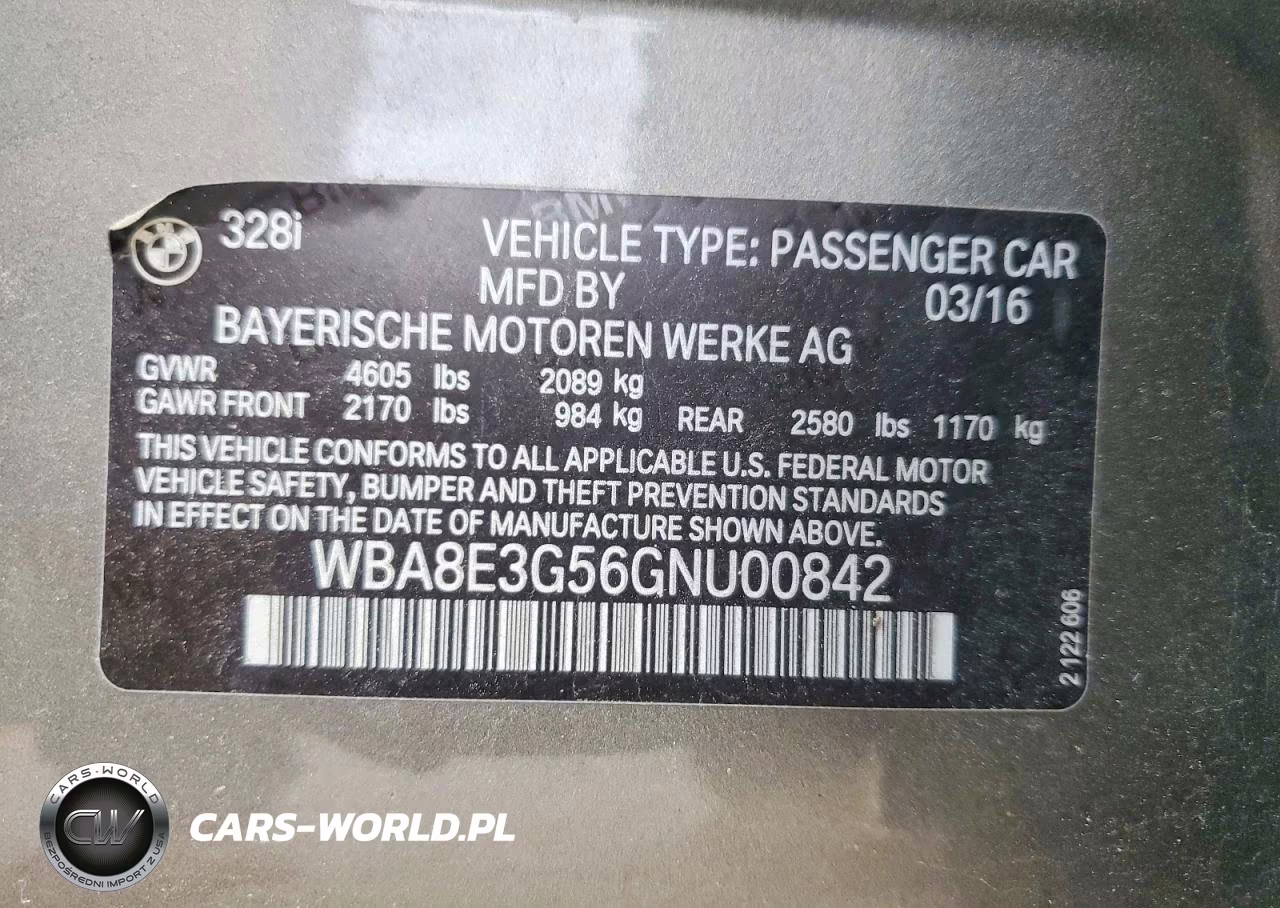 2016 BMW 328 Xi Sulev VIN:WBA8E3G56GNU00842 - 12