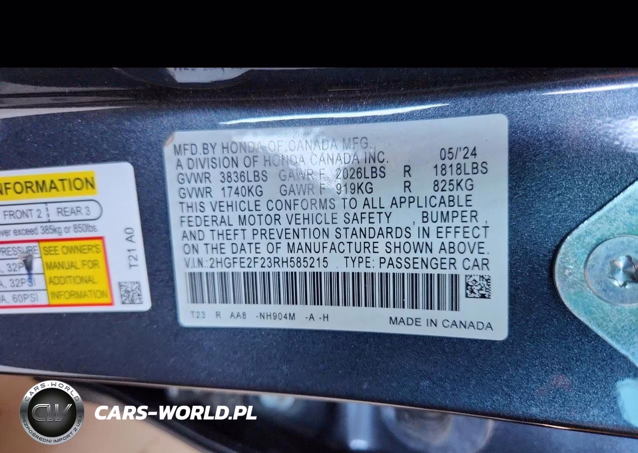 2024 Honda Civic Lx VIN:2HGFE2F23RH585215 - 12