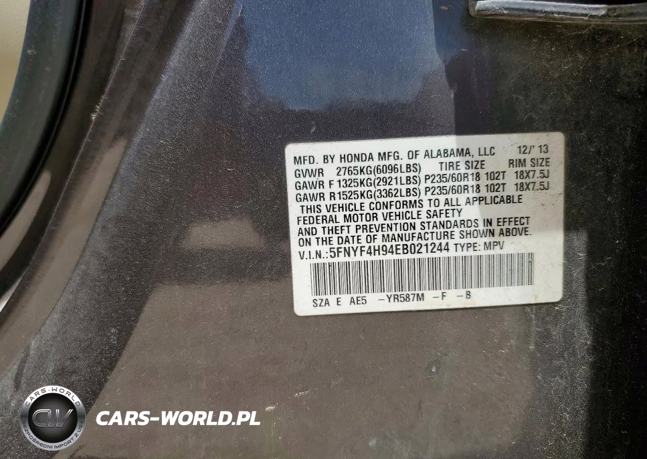 2014 Honda Pilot Touring VIN:5FNYF4H94EB021244 - 14