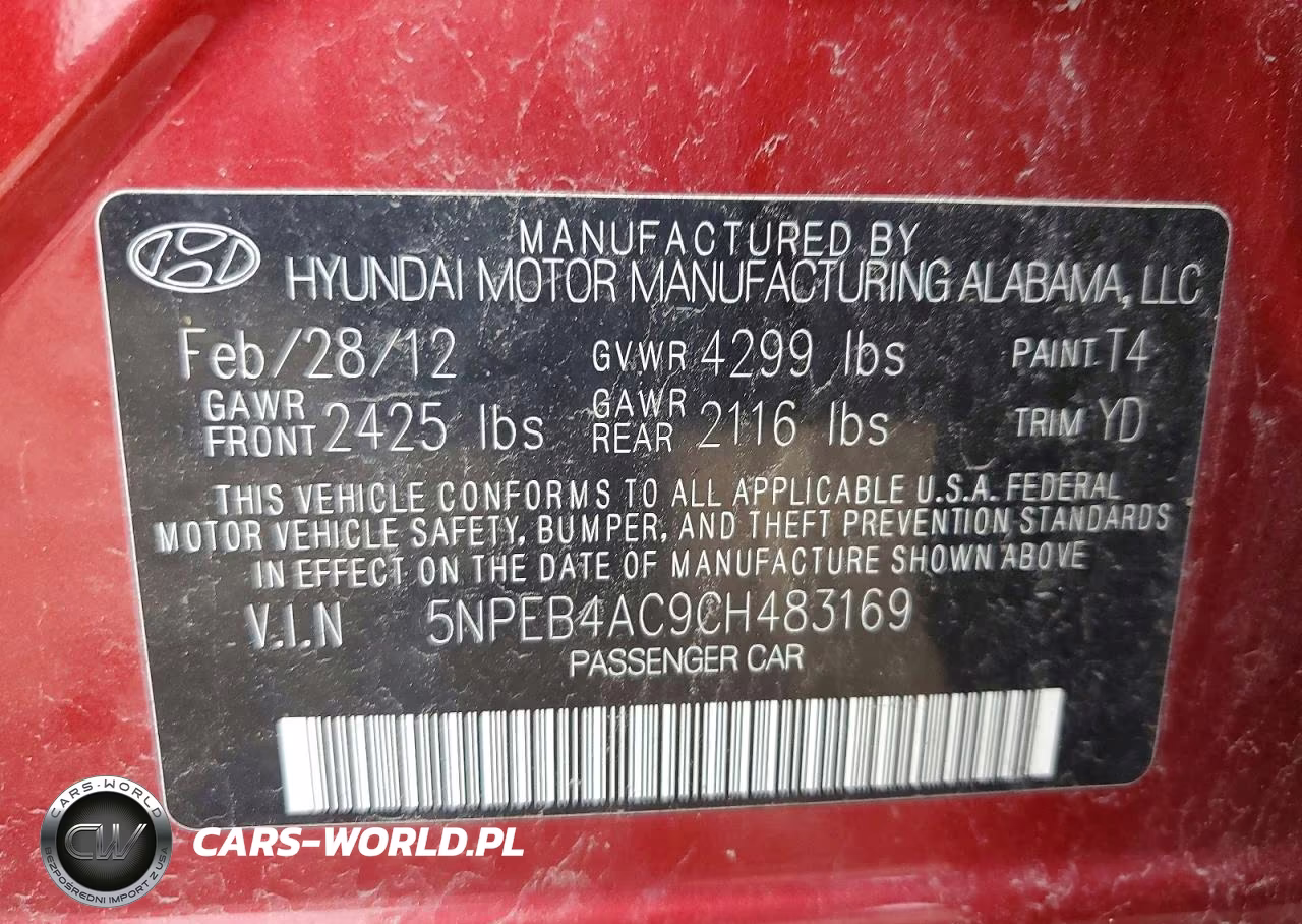 2012 Hyundai Sonata Gls VIN:5NPEB4AC9CH483169 - 10
