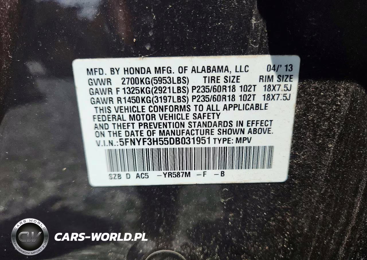 2013 Honda Pilot Exl VIN:5FNYF3H55DB031951 - 13