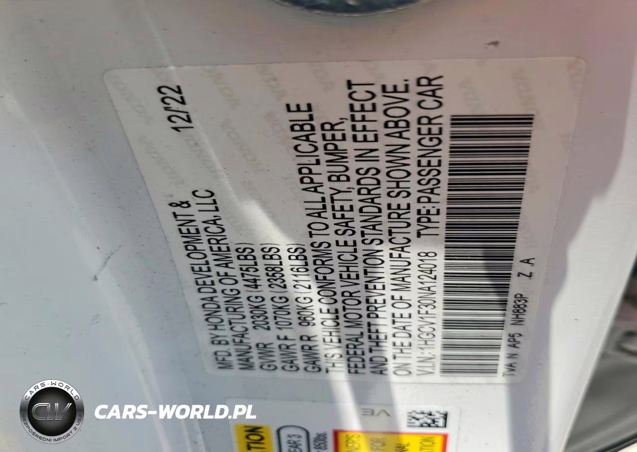 2022 Honda Accord Sport VIN:1HGCV1F30NA124018 - 12