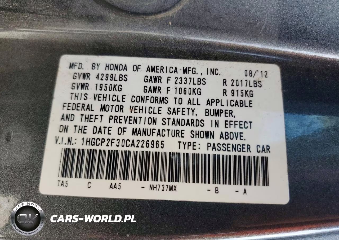2012 Honda Accord Lx VIN:1HGCP2F30CA226965 - 12