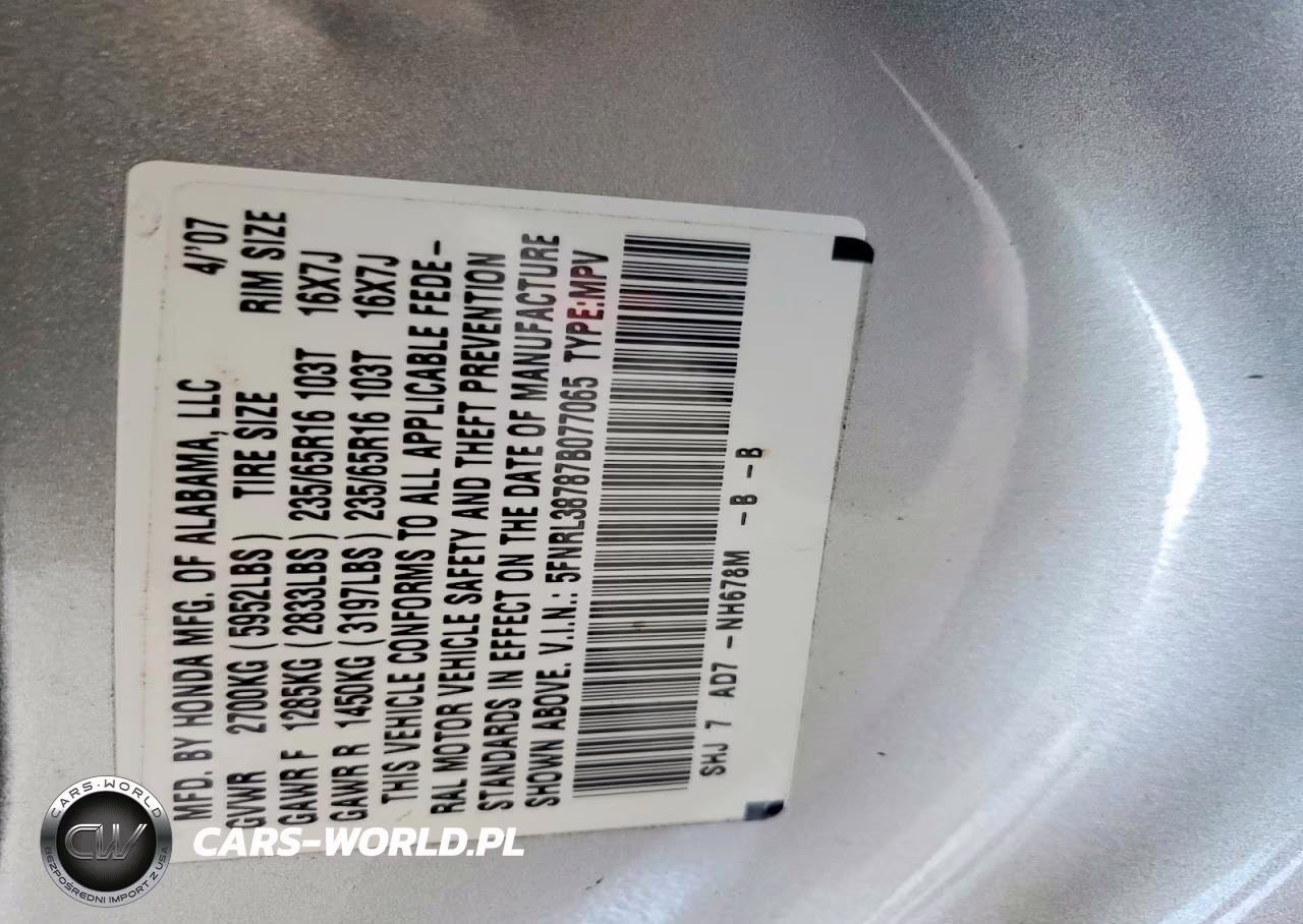 2007 Honda Odyssey Exl VIN:5FNRL38787B077065 - 13