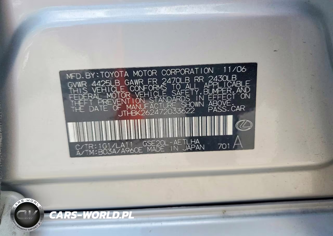 2007 Lexus Is 250 VIN:JTHBK262472033622 - 12