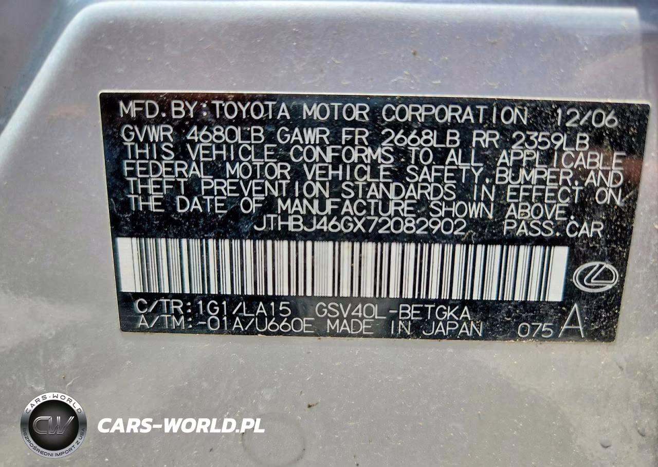 2007 Lexus Es VIN:JTHBJ46GX72082902 - 12