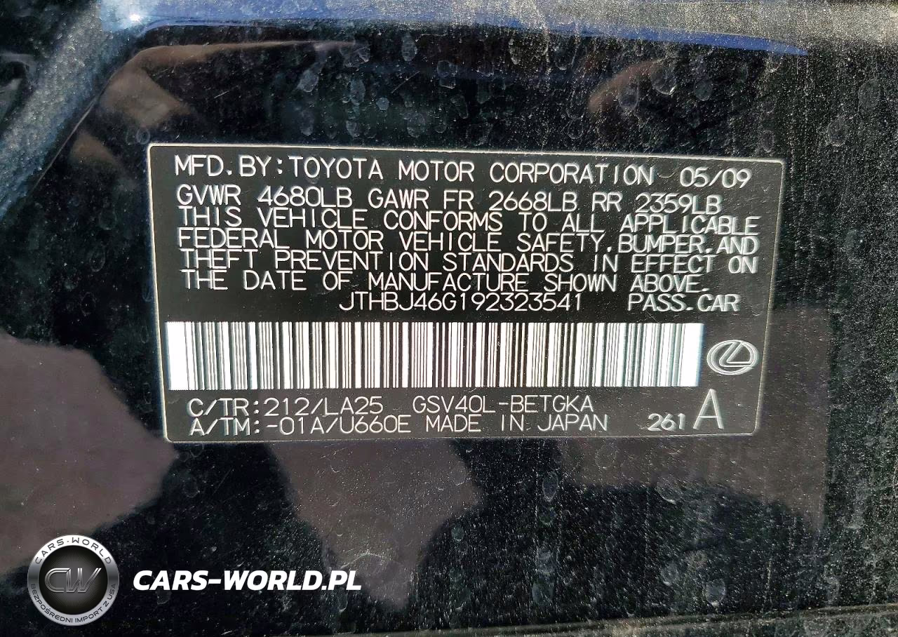 2009 Lexus Es 350 VIN:JTHBJ46G192323541 - 12