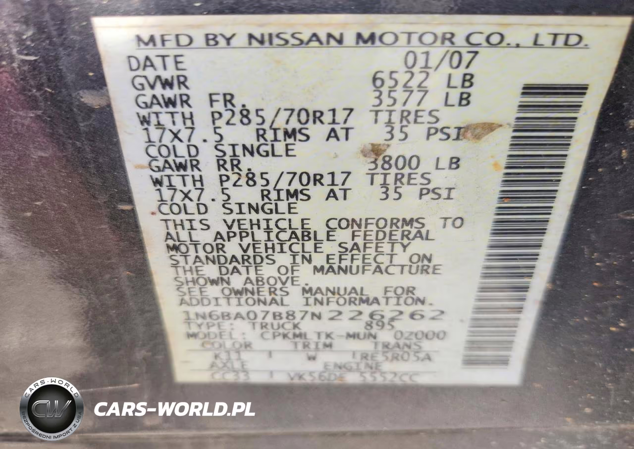 2007 Nissan Titan Xe Ffv VIN:1N6BA07B87N226262 - 12