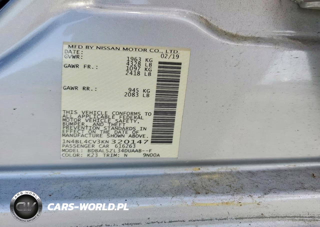 2019 Nissan Altima Sr VIN:1N4BL4CV3KN320147 - 12