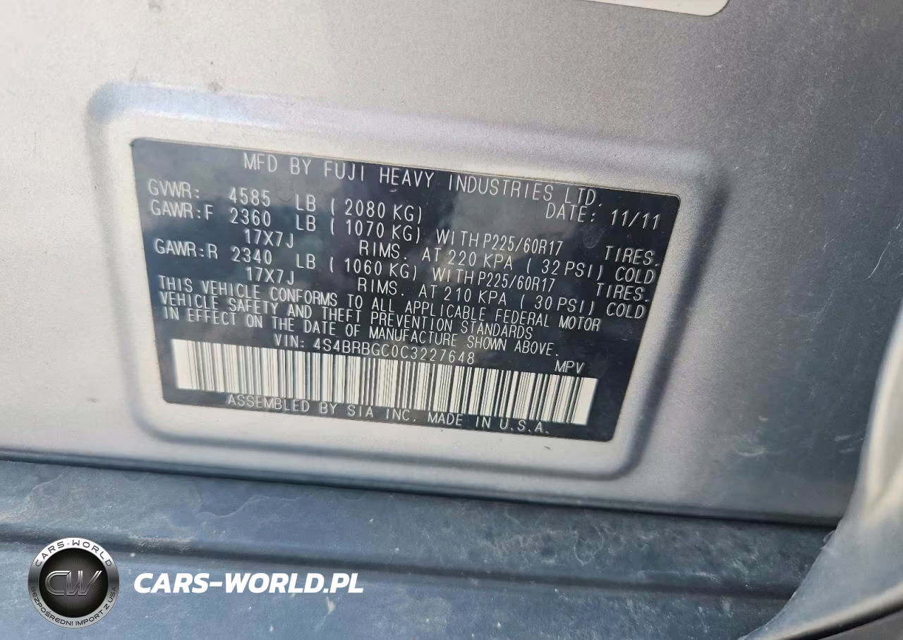 2012 Subaru Outback 2.5I Premium VIN:4S4BRBGC0C3227648 - 13