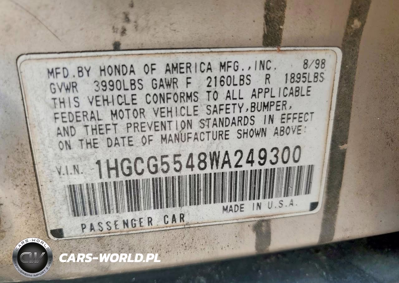 1998 Honda Accord Lx VIN:1HGCG5548WA249300 - 12