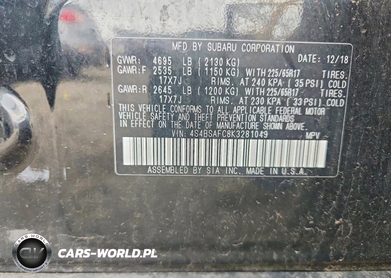 2019 Subaru Outback 2.5I Premium VIN:4S4BSAFC8K3281049 - 13