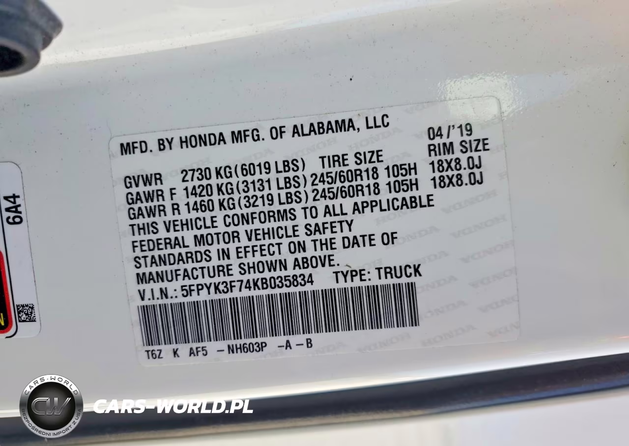2019 Honda Ridgeline Rtl VIN:5FPYK3F74KB035834 - 12